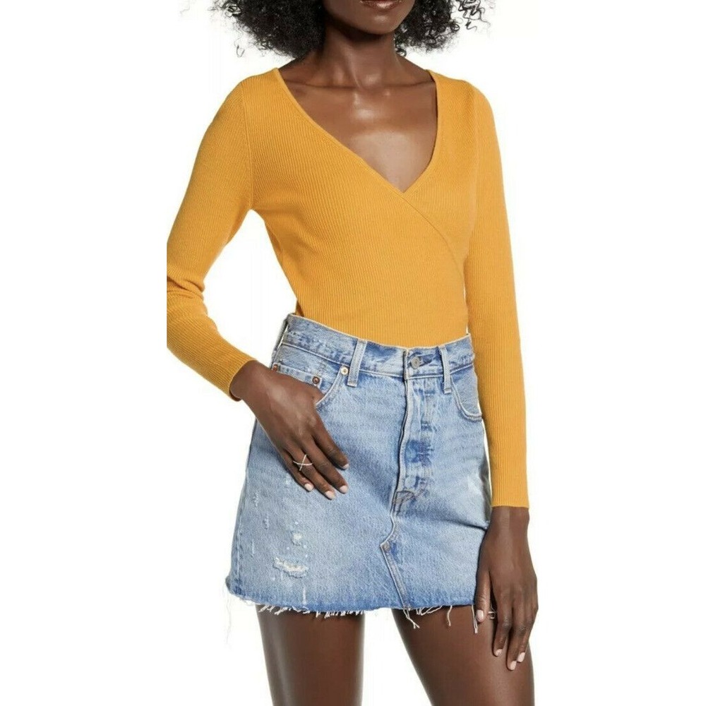 NEW LEITH RIB WRAP SWEATER LONG SLEEVE TOP RIBBED KNIT YELLOW Sz XL‎